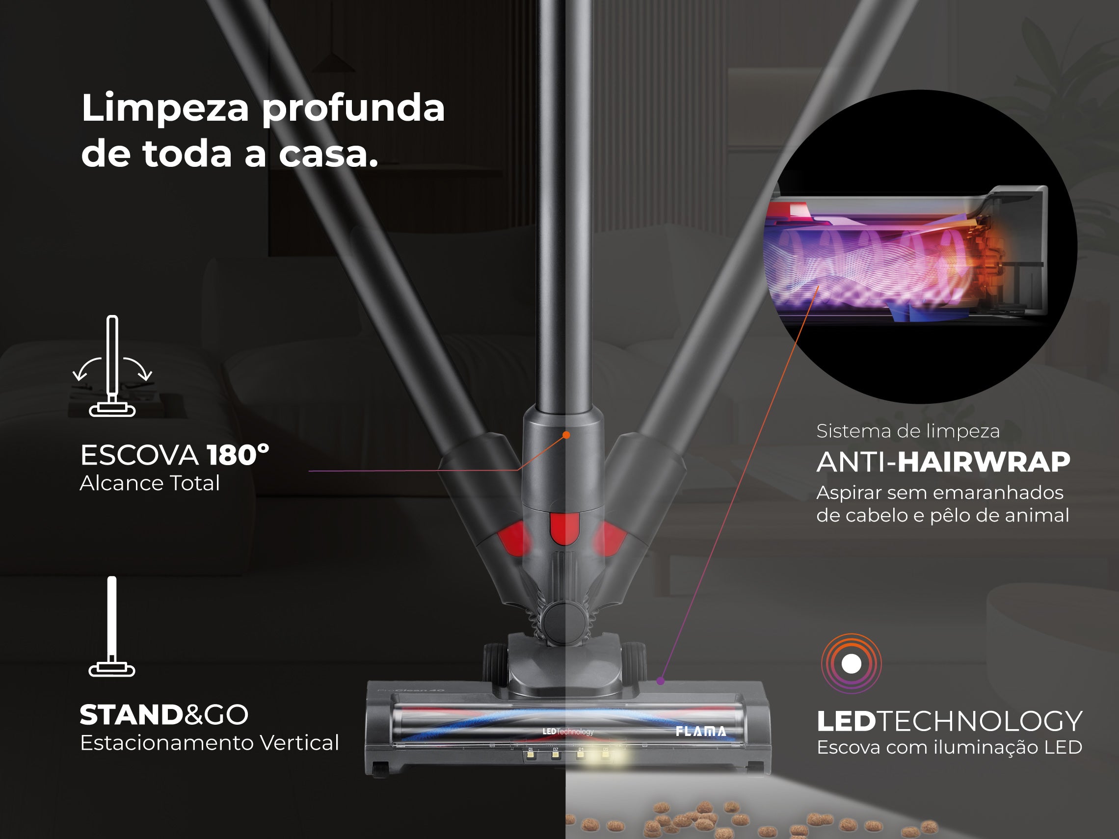 Aspirador Vertical ProClean 40 Sem Fios 1644FL FLAMA