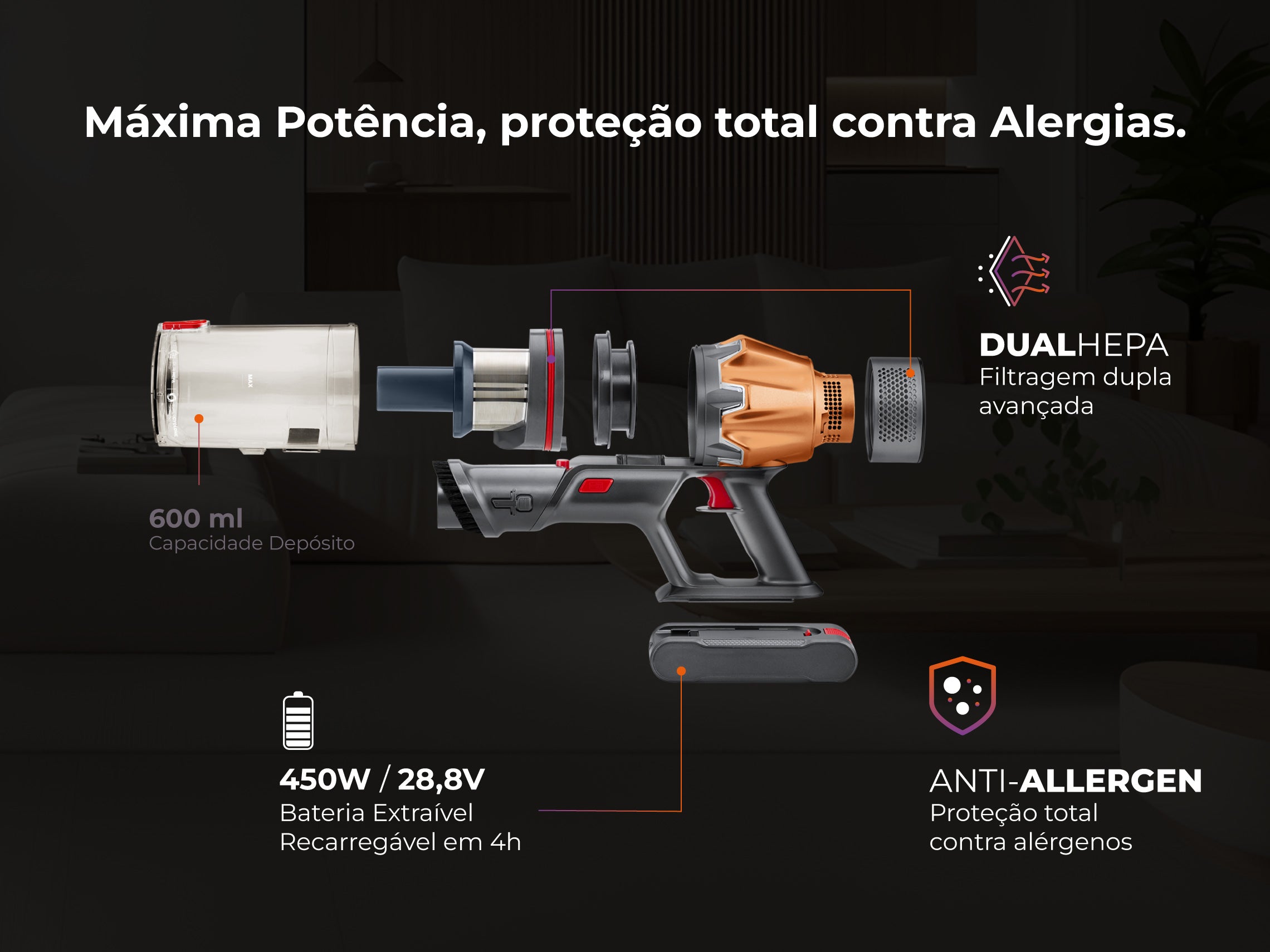Aspirador Vertical ProForce Flex 75 Sem Fios 1647FL FLAMA