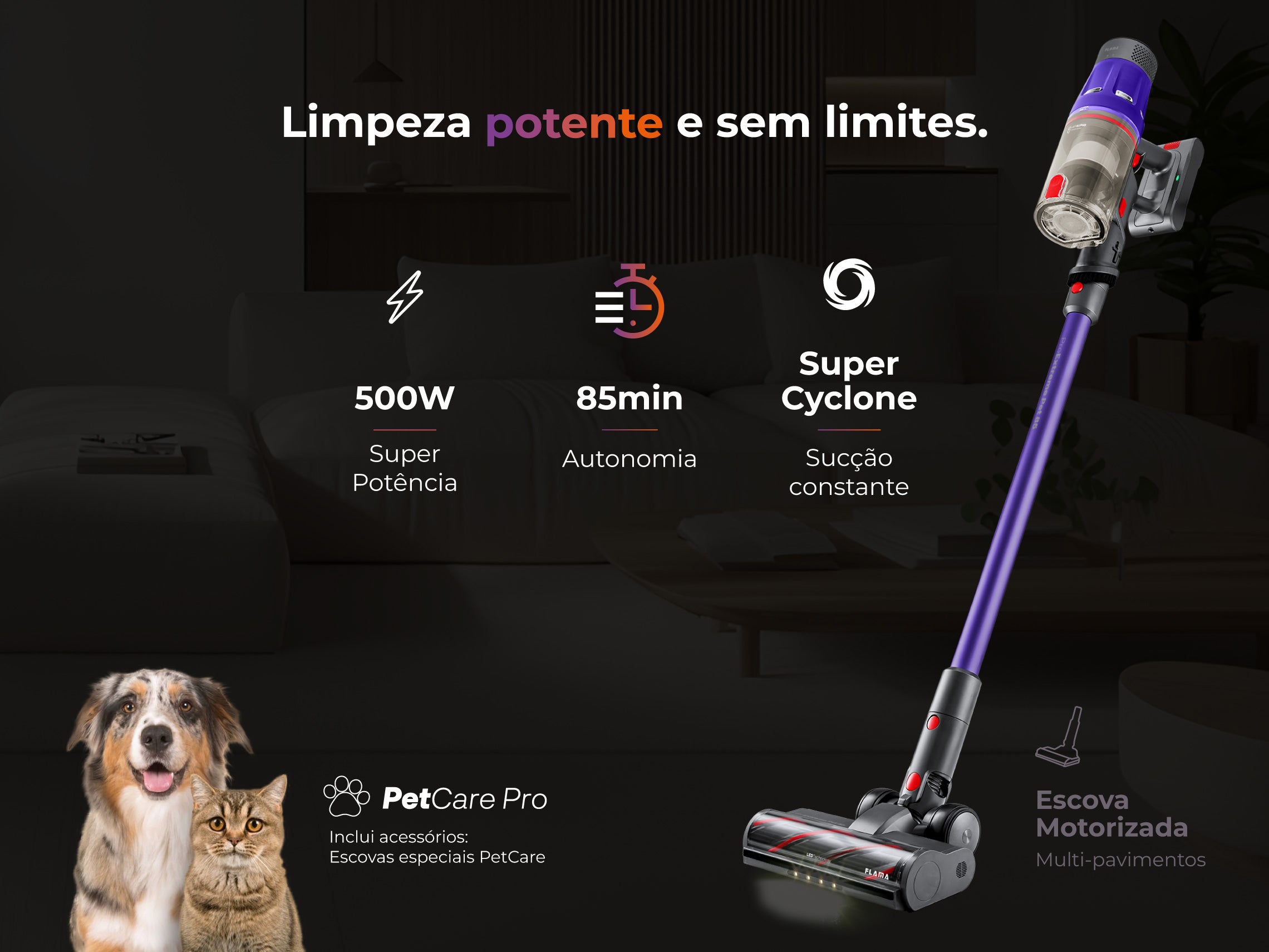Aspirador Vertical ProExtreme Pet 85 Sem Fios 1648FL FLAMA