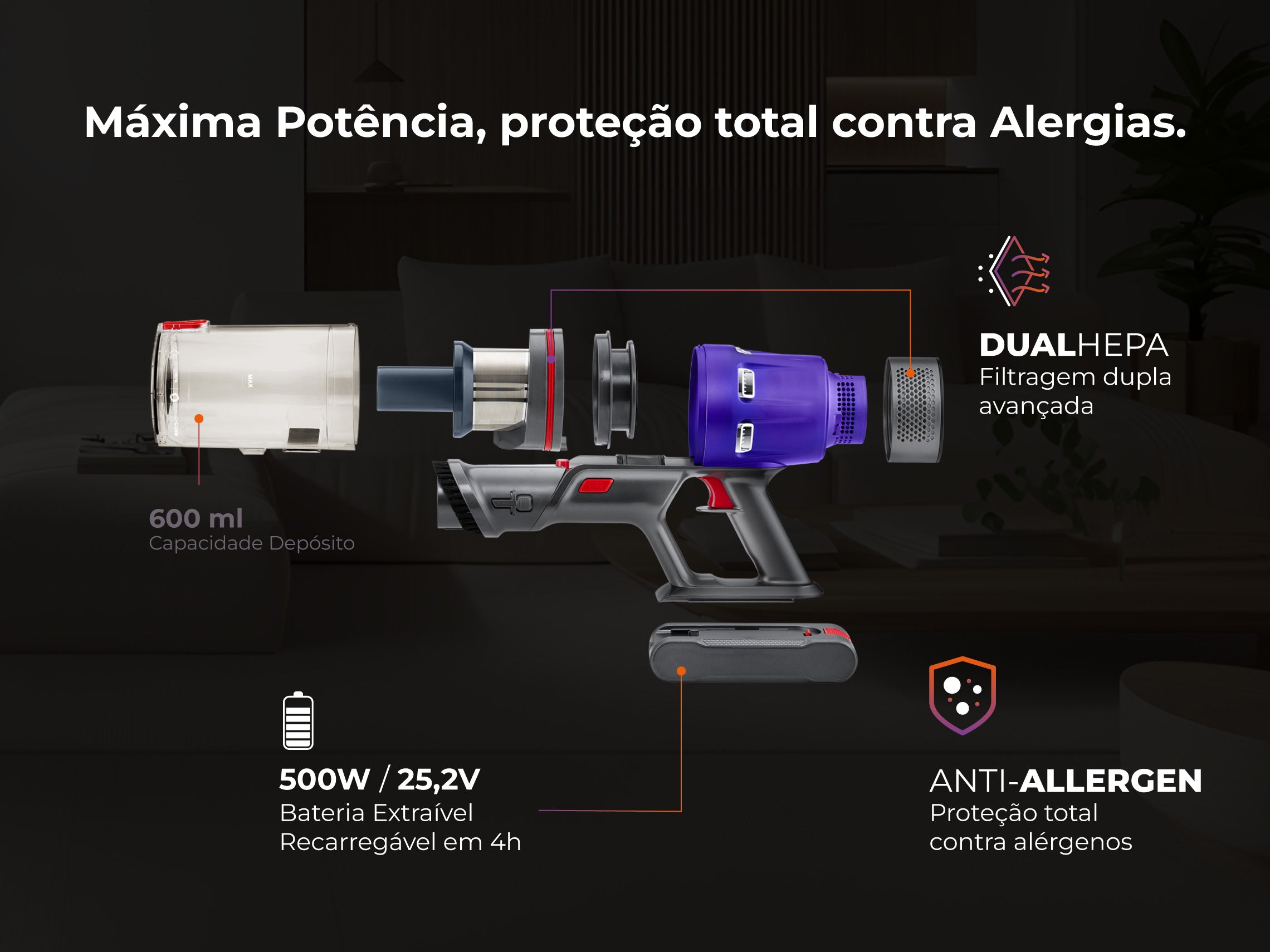 Aspirador Vertical ProExtreme Pet 85 Sem Fios 1648FL FLAMA