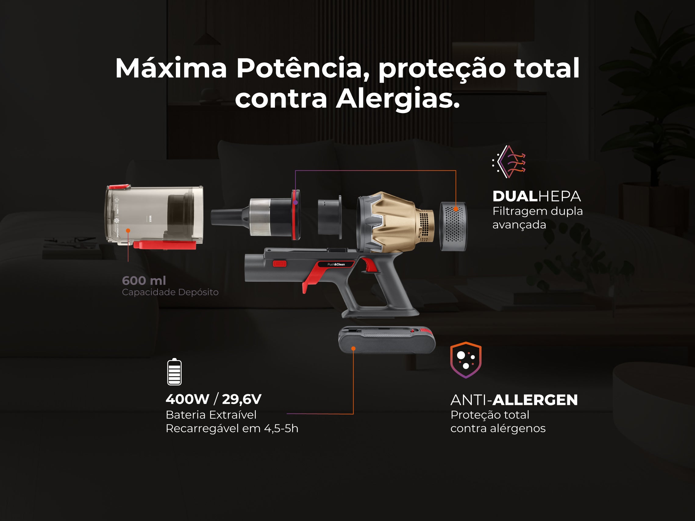 Aspirador Vertical Sem Fio ProForce Flex Push&Clean 70 1650FL FLAMA