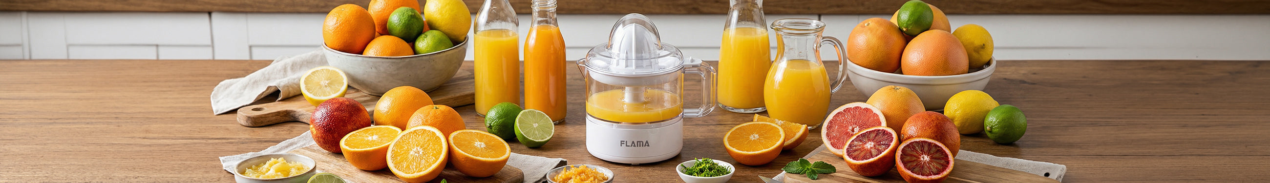 Espremedor de laranja e outros citrinos elétrico da marca Flama, numa mesa rodeado de laranjas cortadas e jarros com sumo fresco