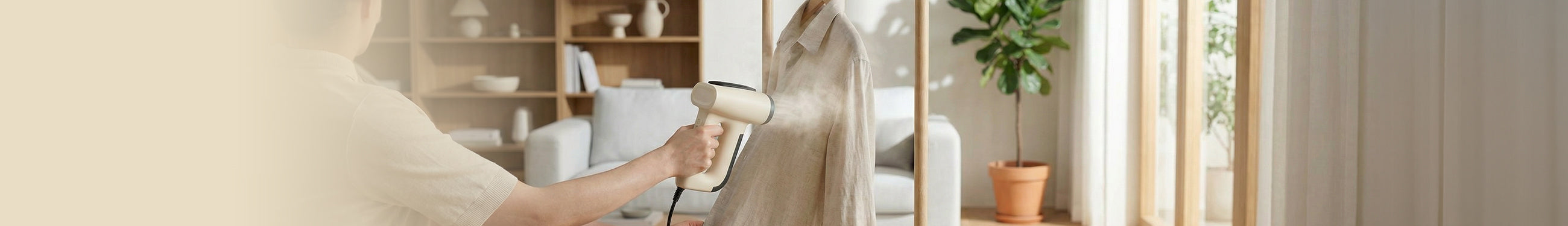 Pessoa a usar um ferro a vapor vertical (steamer) para passar uma camisa suspensa num cabide de madeira, na sala de estar