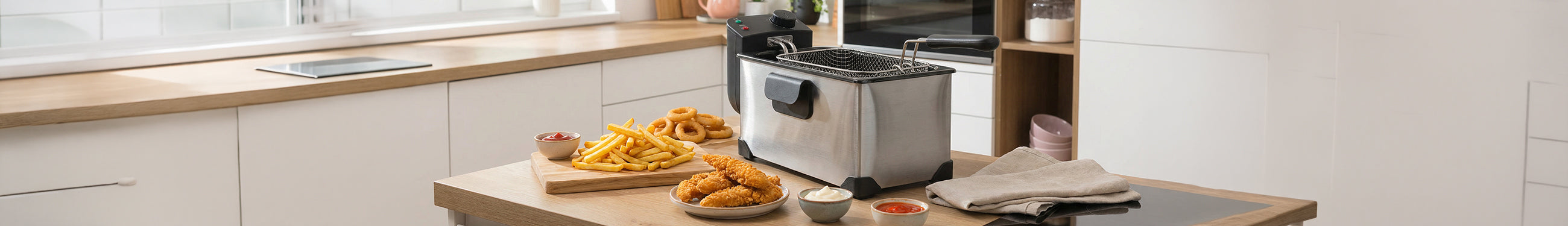 Fritadeira elétrica a óleo em inox da Flama numa mesa com batatas fritas, panados e argolas de cebola