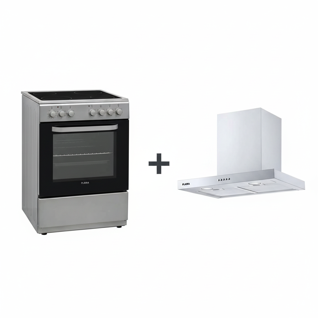 Pack Fogão Elétrico Vitrocerâmica Silver 8410FL + Exaustor Chaminé T60 Inox 9345FL