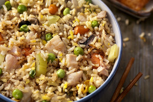 Frango ao vapor com arroz de ervilhas